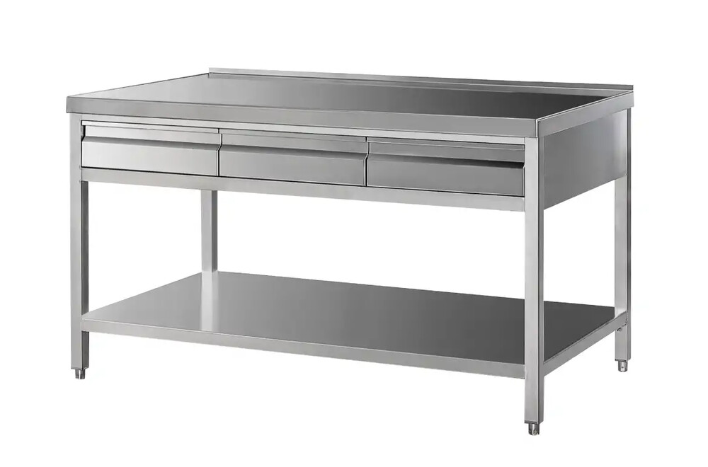 Laboratóriumi rendszerasztal fiókokkal, fix polccal